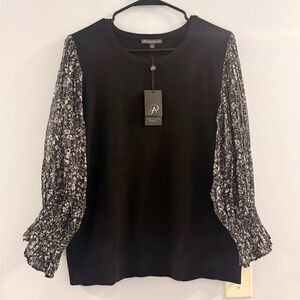 Adrianna Papell Black Sweater Blouse with Patterned Sleeves